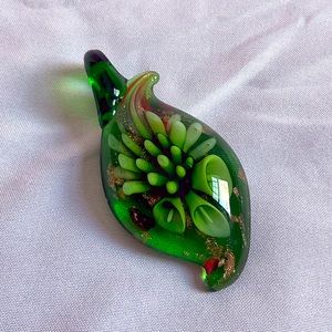 Handcrafted Lampwork Glass Pendant. Freeform. Green Flower.